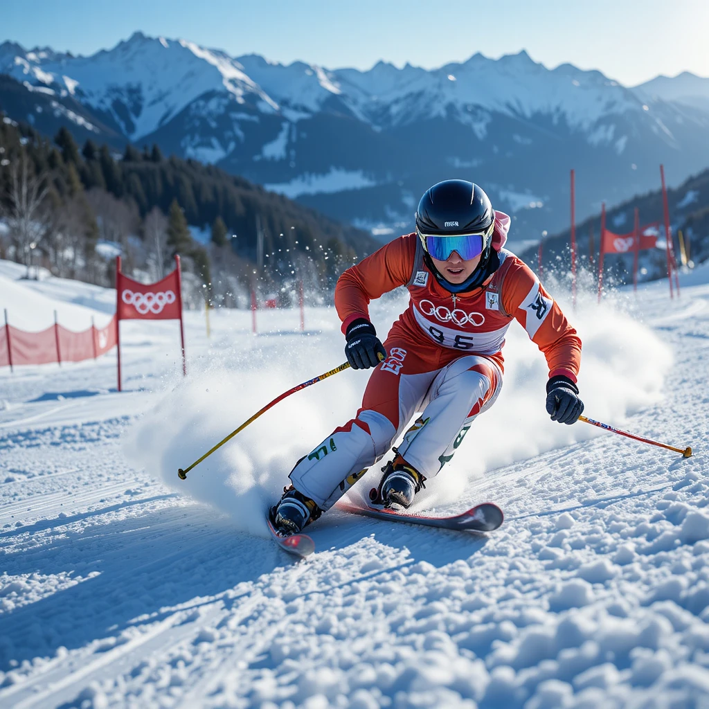 Alpiner Skifahrer rast eine schneebedeckte olympische Bergpiste hinunter