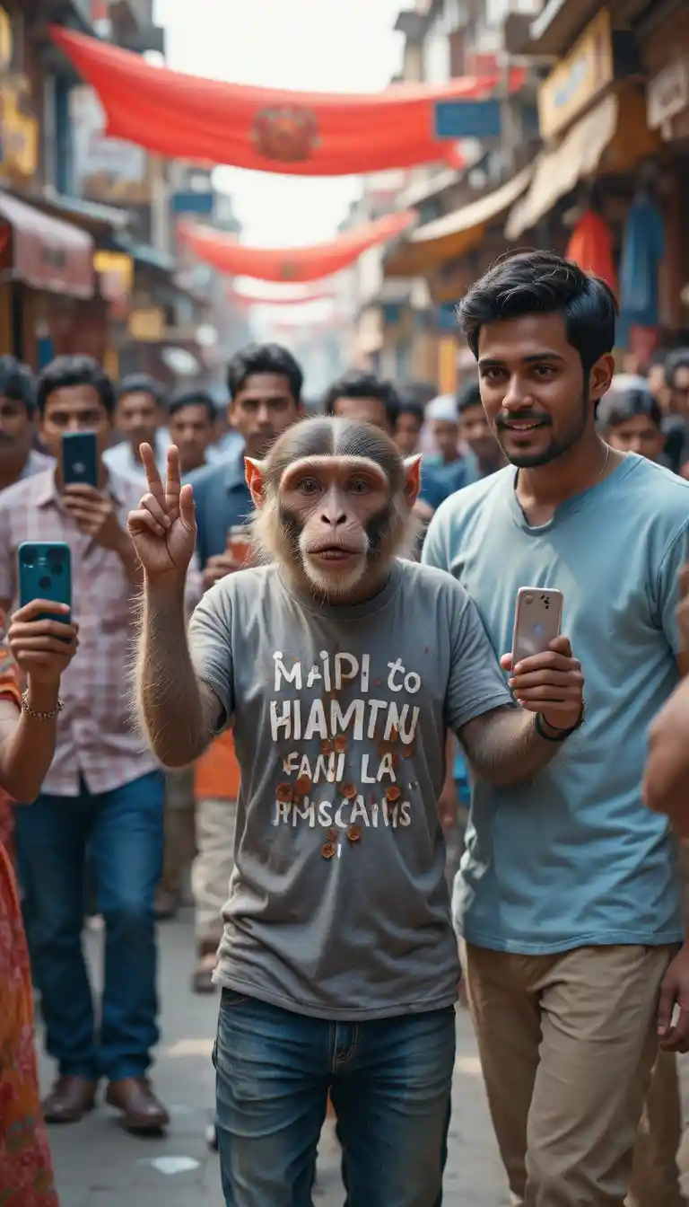 にぎやかなインドの通りのコミカルなサルと男性