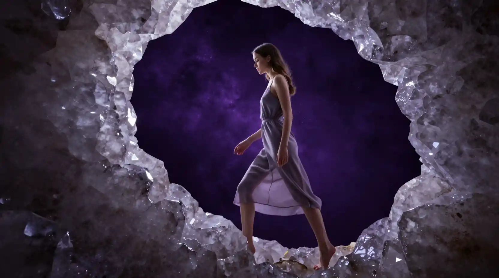 Elegant woman in a crystal cave with cosmic purple light