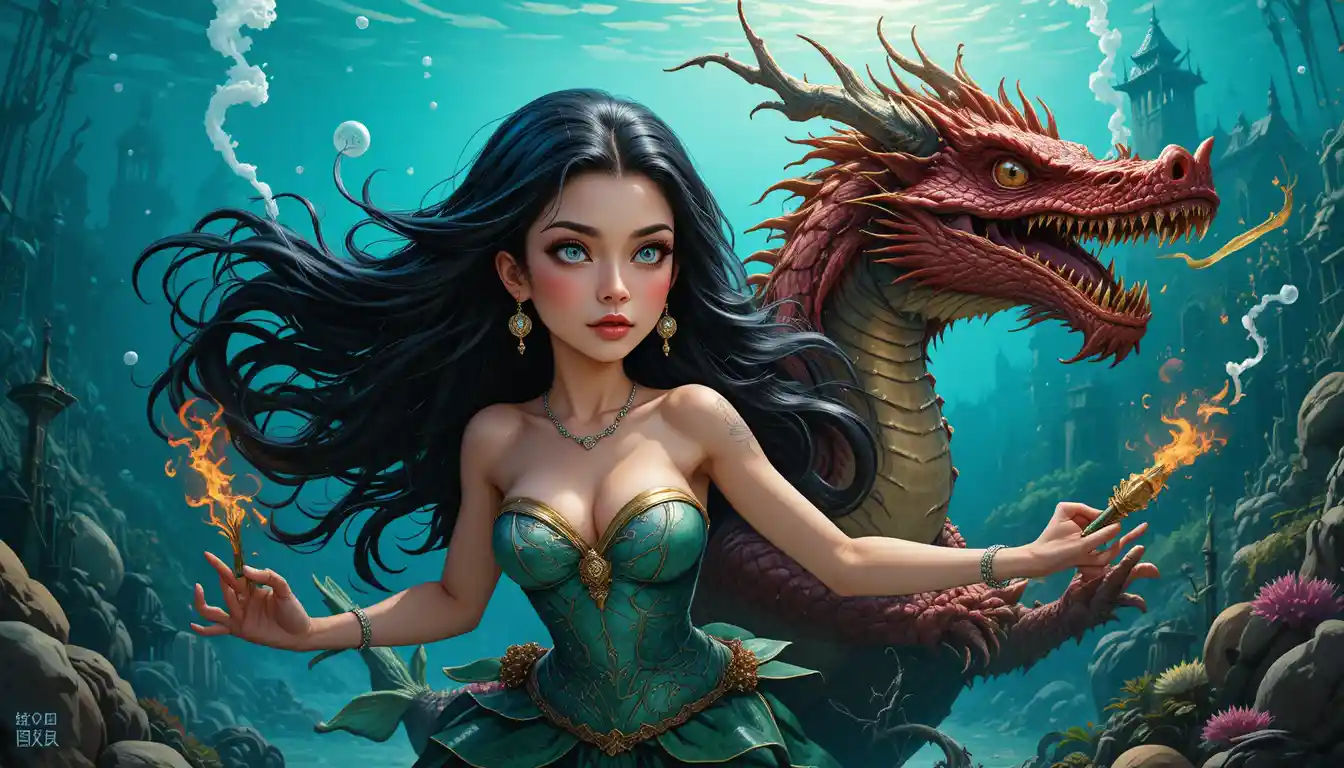 Meerjungfrau und Drache prallen in lebendiger Unterwasser-Fantasieszene aufeinander