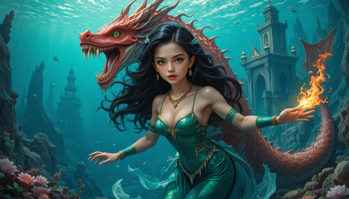 Mermaid and red dragon in a dramatic underwater fantasy scene