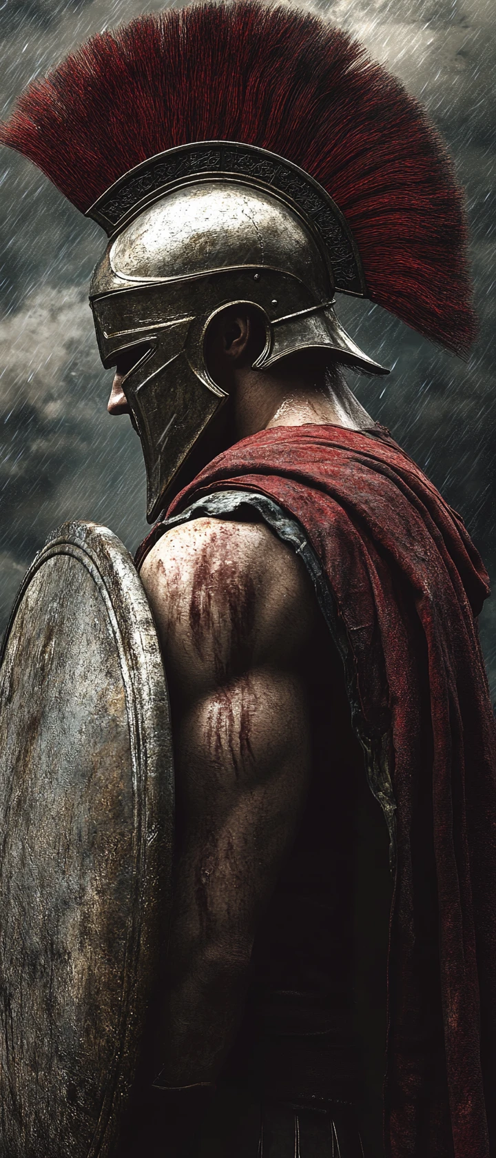Cinematisches Porträt eines vernarbten spartanischen Kriegers im Regen