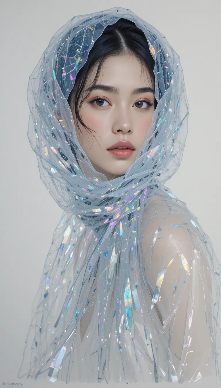 Elegant woman with shimmering organza scarf illustration