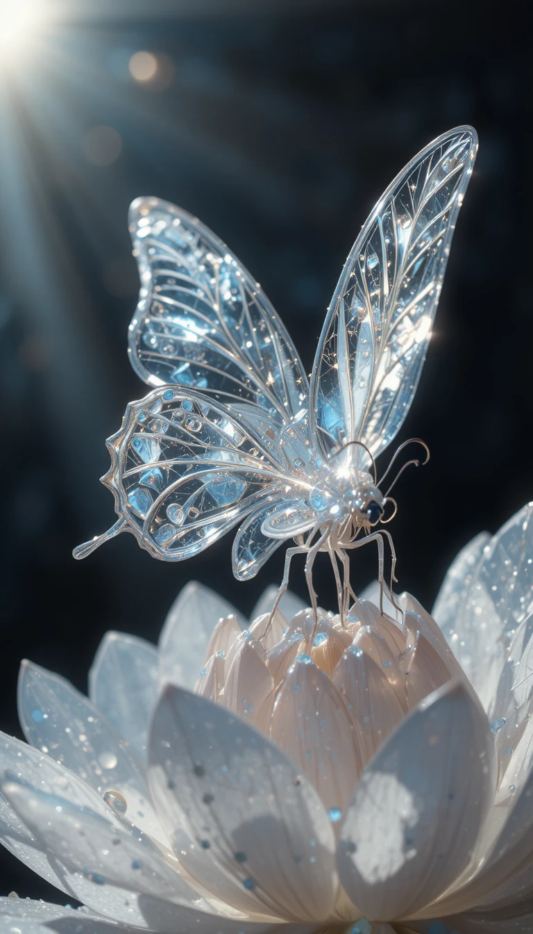 Borboleta de vidro de cristal em flor de lótus em close surreal