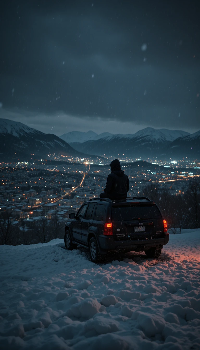 Lone figure on SUV above snowy hill facing city lights