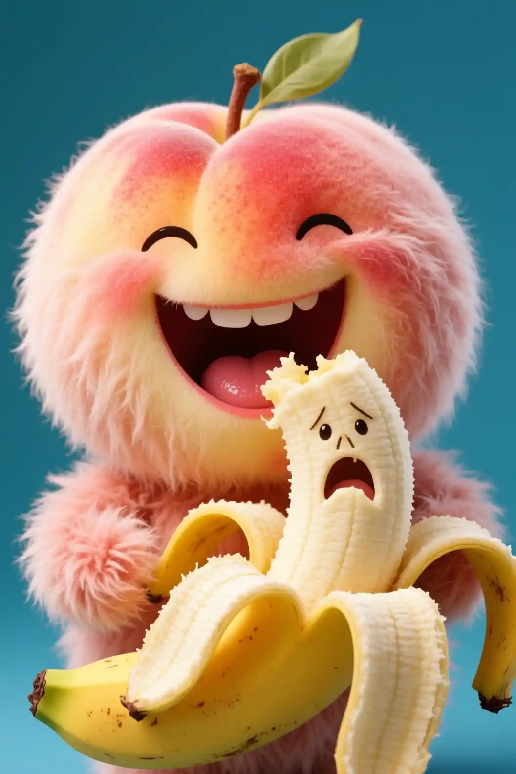 怖がるバナナを食べるハッピーなふわふわモモキャラクター