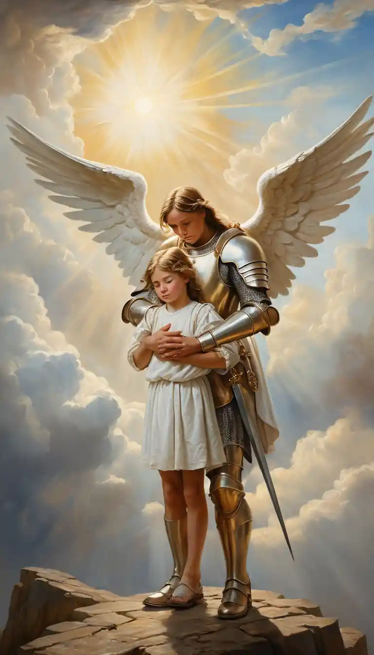 Anjo da guarda confortando uma criança chorando na luz celestial