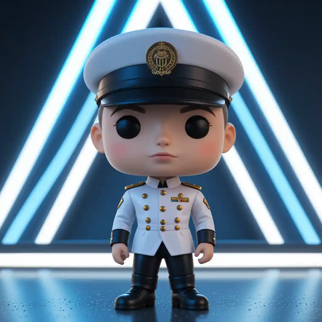 Funko style soldier figure in white dress uniform at night