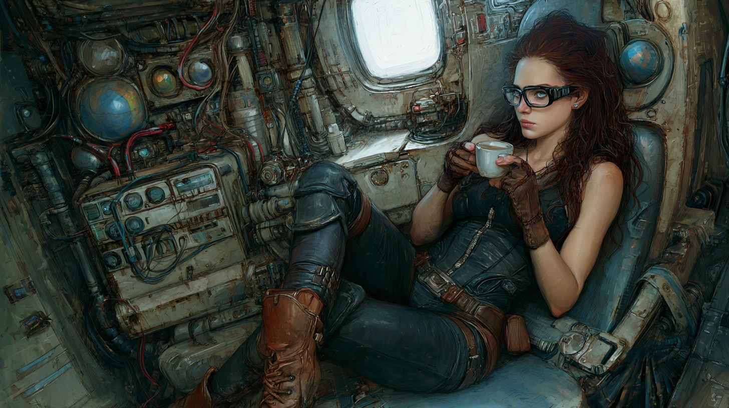 Mulher ruiva atlética de roupa de couro em nave espacial