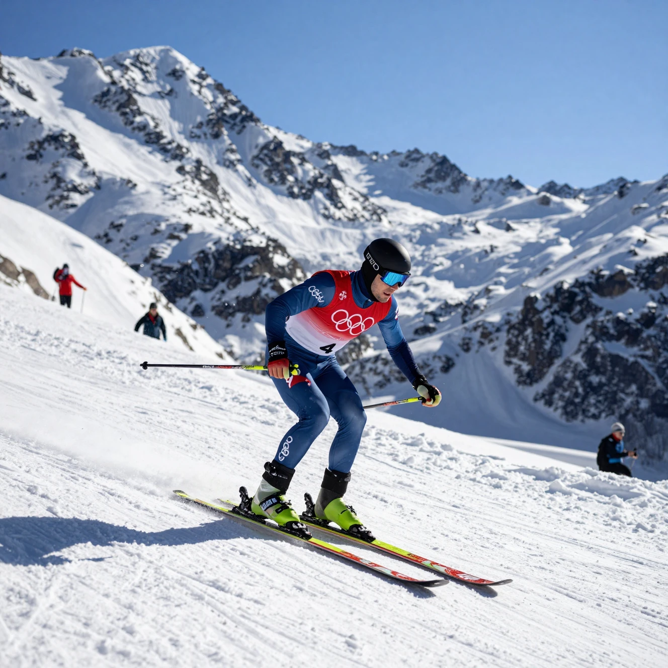 Skieur alpin dévalant une pente olympique enneigée