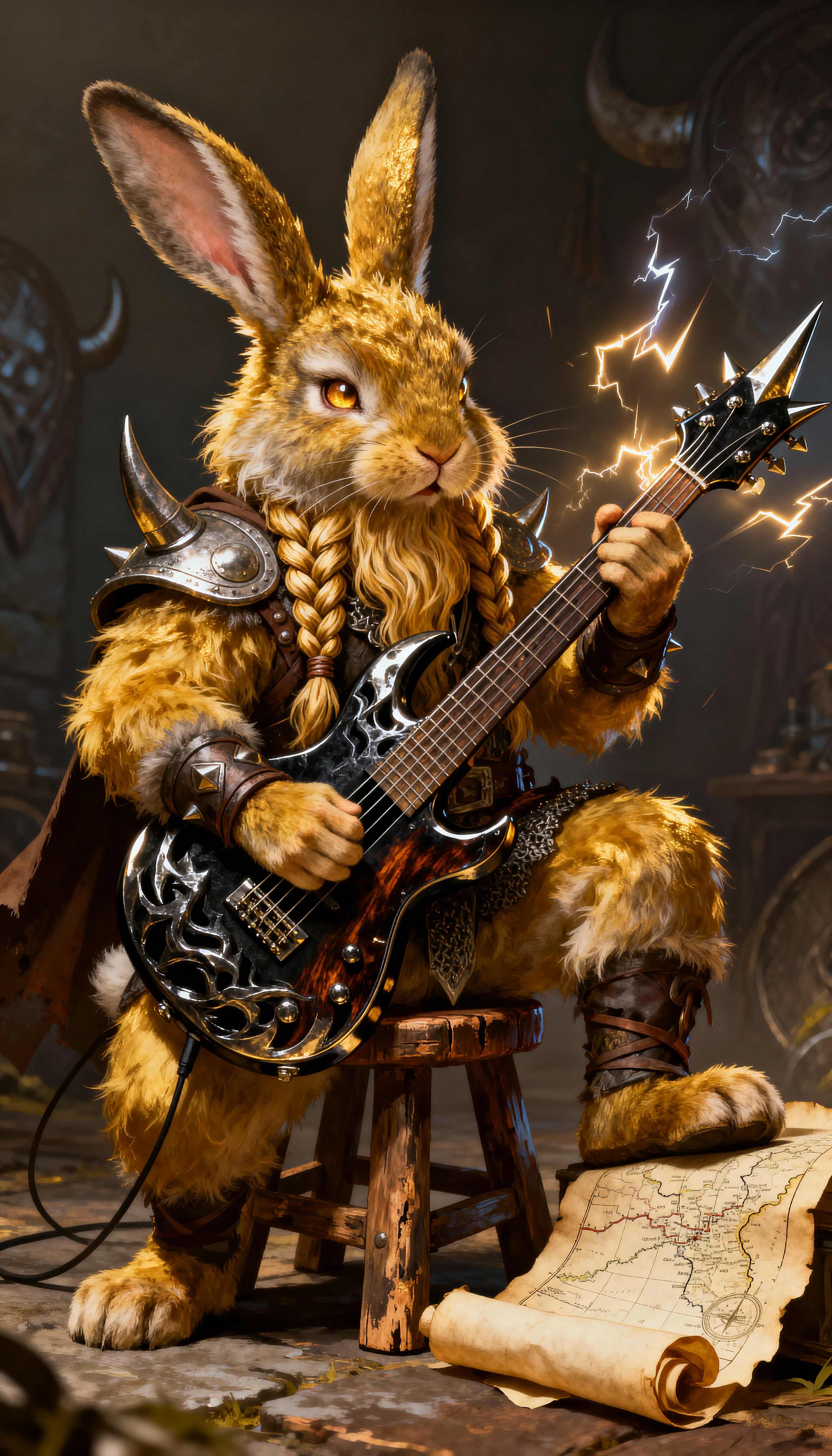 Coelho guerreiro viking tocando baixo heavy metal em um banquinho