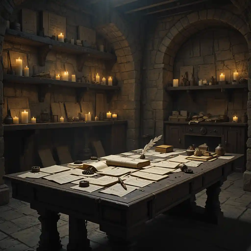 Candlelit Stone Chamber With Cluttered Diplomatic Writing Table
