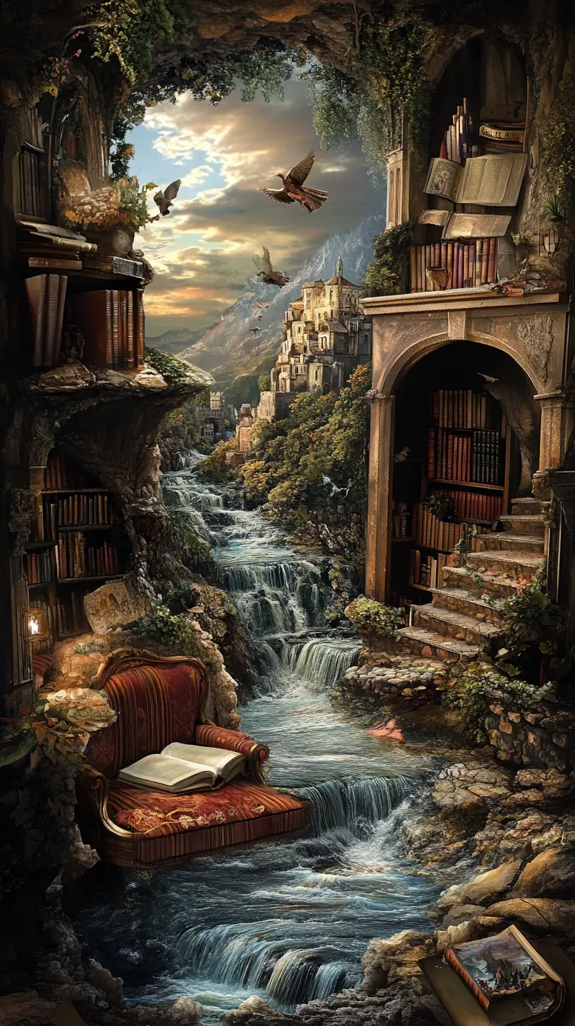 Surreal fairytale reading nook with illusionary book scenes
