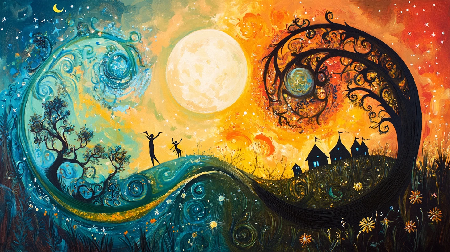 Surreale Diptychon-Traumlandschaft glühender fantastischer Glühwürmchengestalten