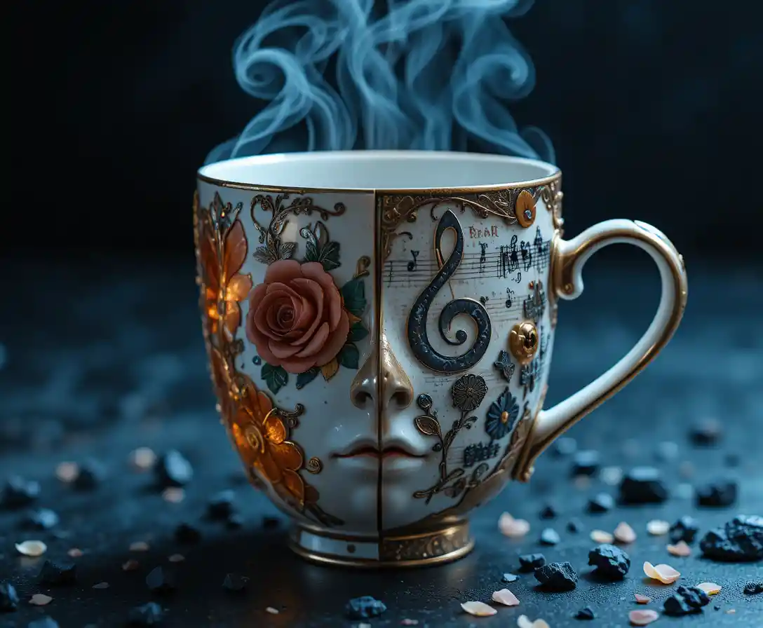 Tasse à café géométrique surréaliste se transformant en masque de carnaval