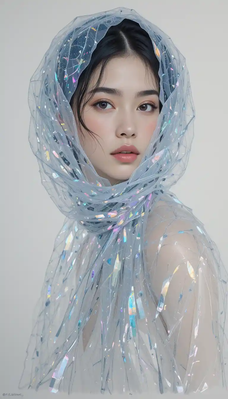 Elegant woman with shimmering organza scarf illustration