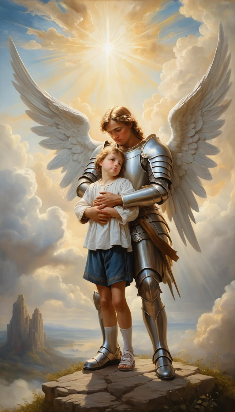 Guardian angel comforting a crying child in heavenly light