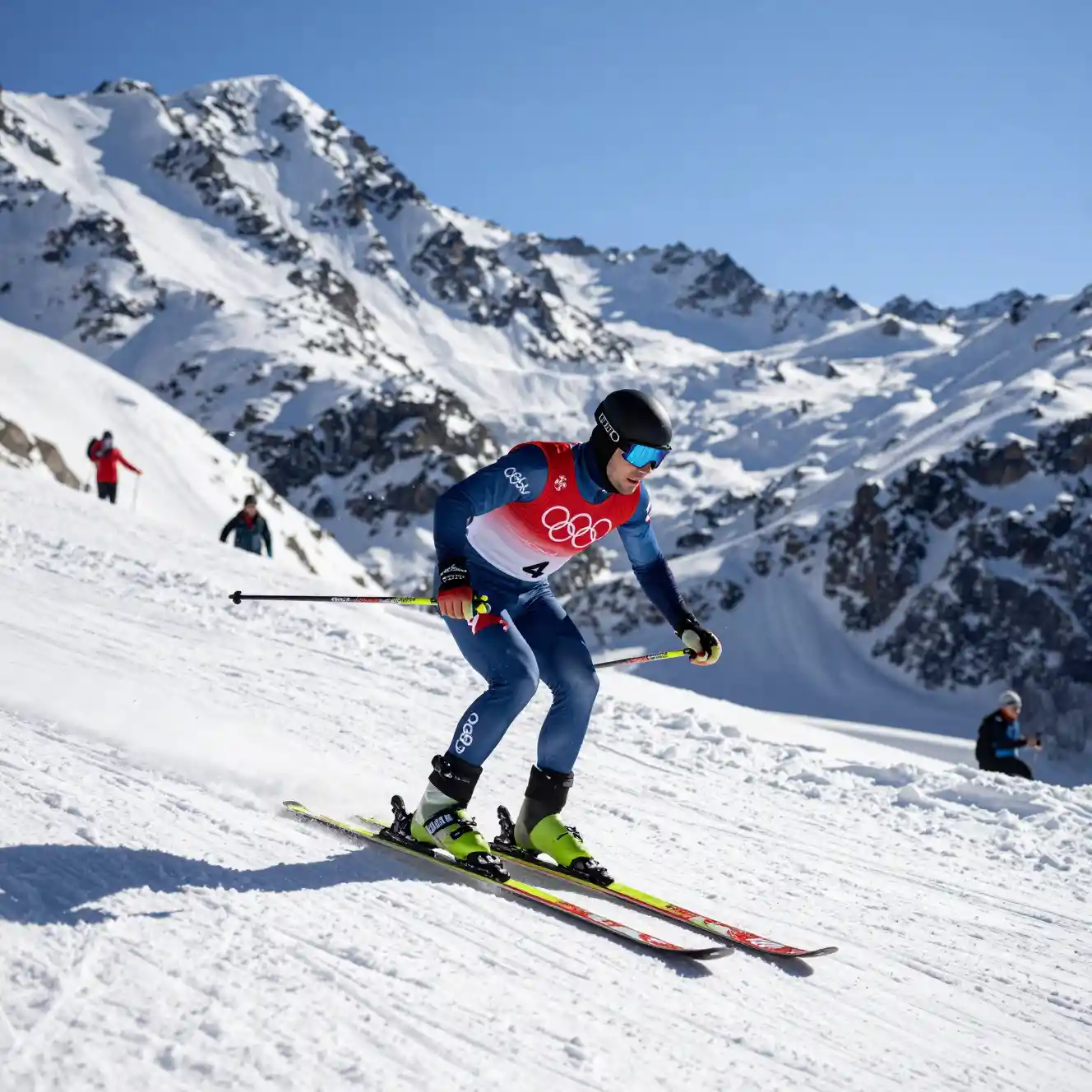Skieur alpin dévalant une pente olympique enneigée