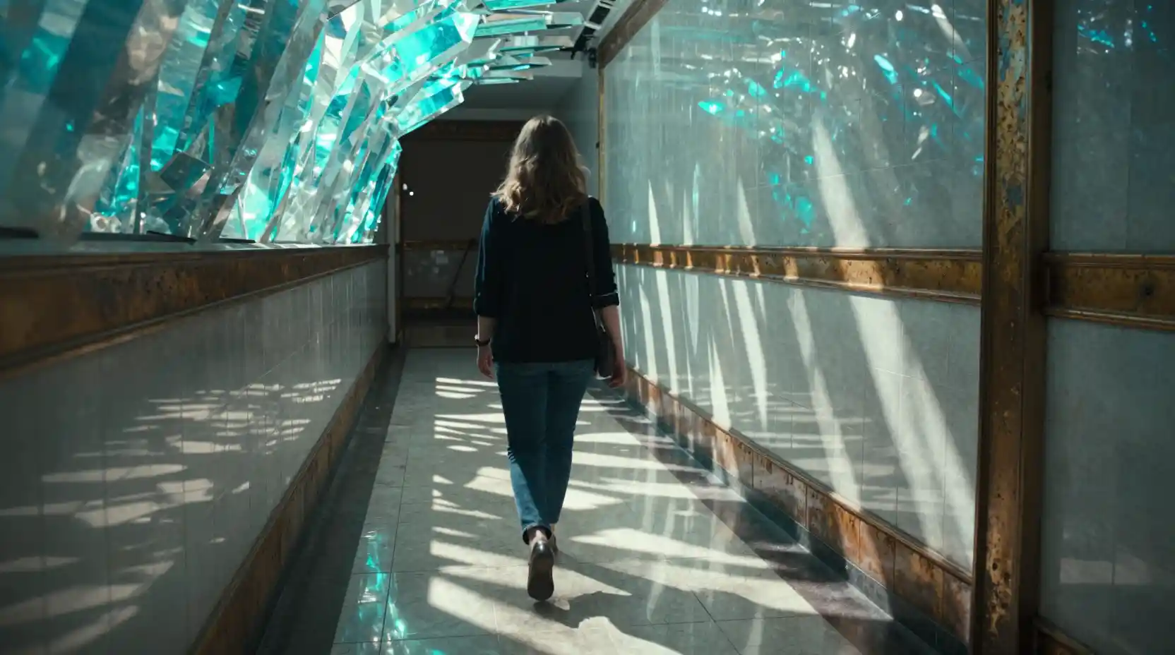 Mujer caminando por un pasillo reflectante bajo una luz cristalina cian