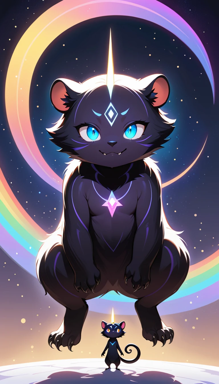 Cosmic horned creature standing on a silver crescent moon