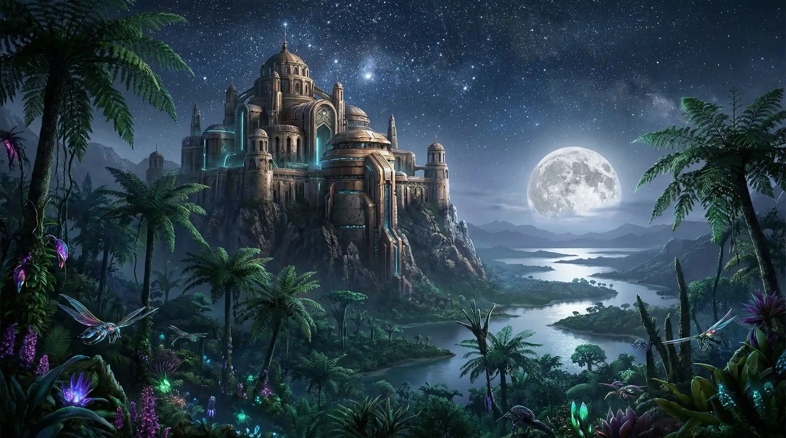Castillo de montaña de ciencia ficción a la luz de la luna sobre una jungla alienígena