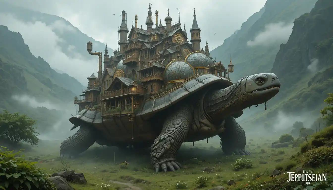 Città steampunk che cavalca una tartaruga colossale attraverso la nebbia