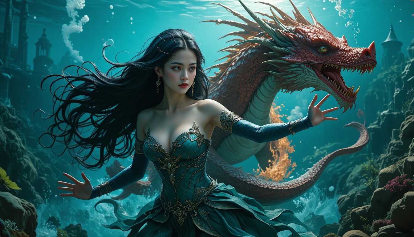Mermaid and dragon clash in vivid underwater fantasy scene
