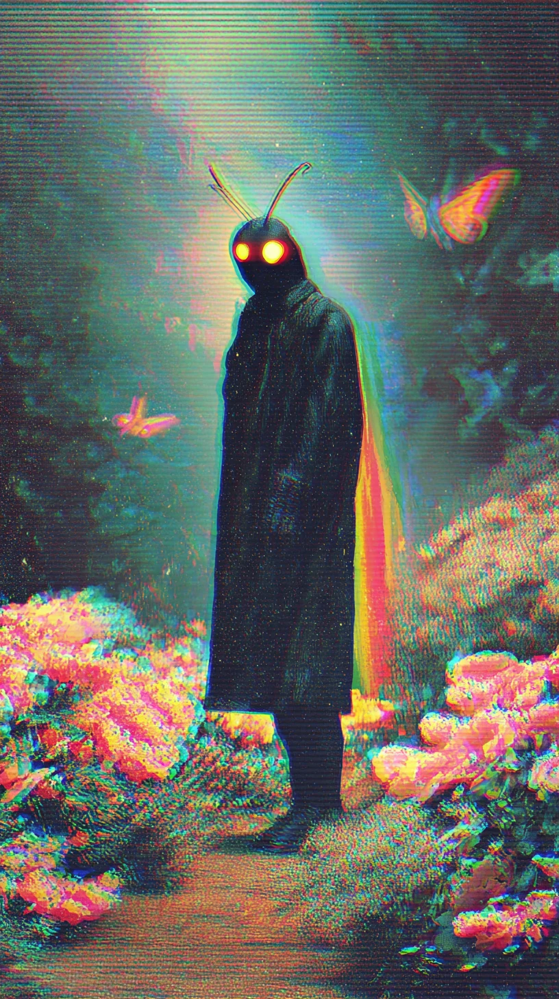 Figura humanóide de Mothman em um jardim noturno, retrato de corpo inteiro