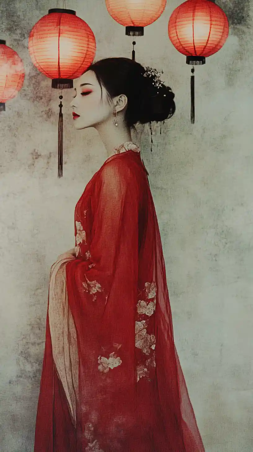 Traditional Chinese bride in red with glowing lanterns