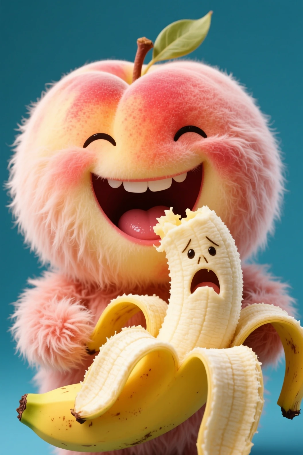 Personaggio pesca soffice e felice che mangia una banana spaventata