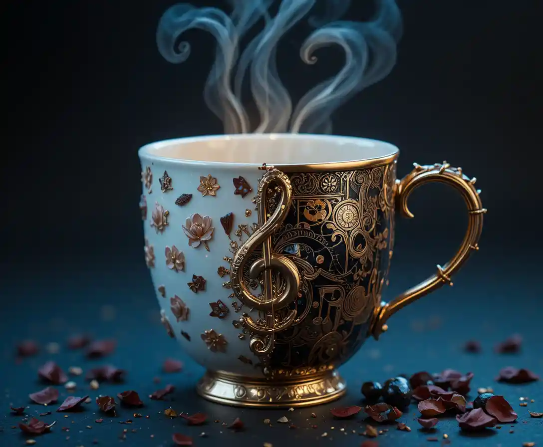 Tazza di caffè geometrica surreale che si fonde in maschera di carnevale