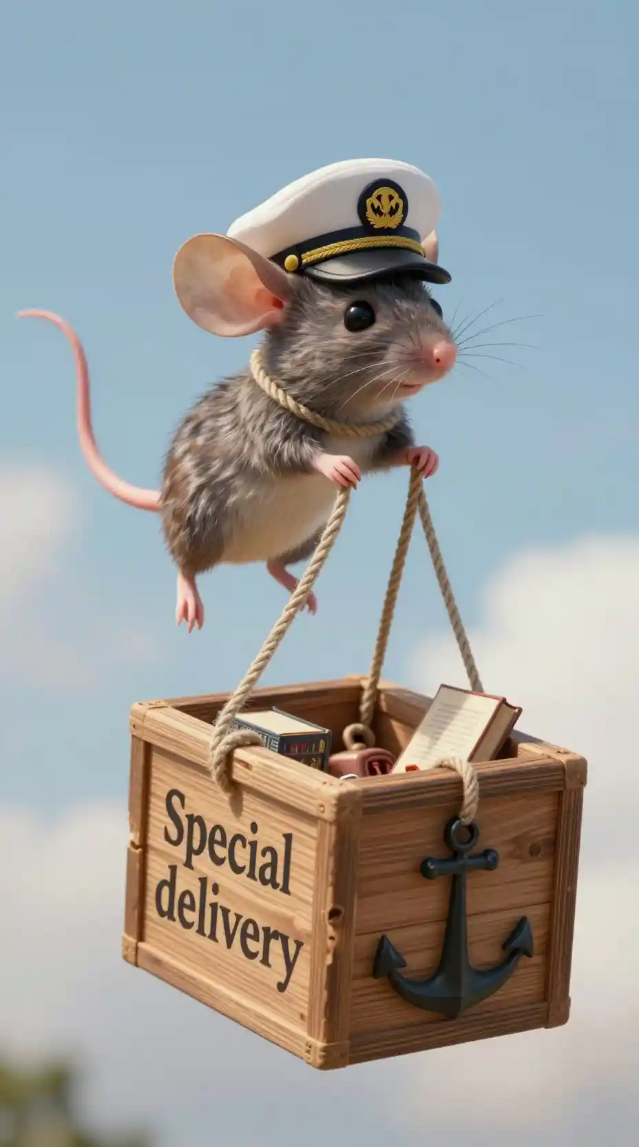 Ratón volador fantasioso que remolca una caja de biblioteca de madera