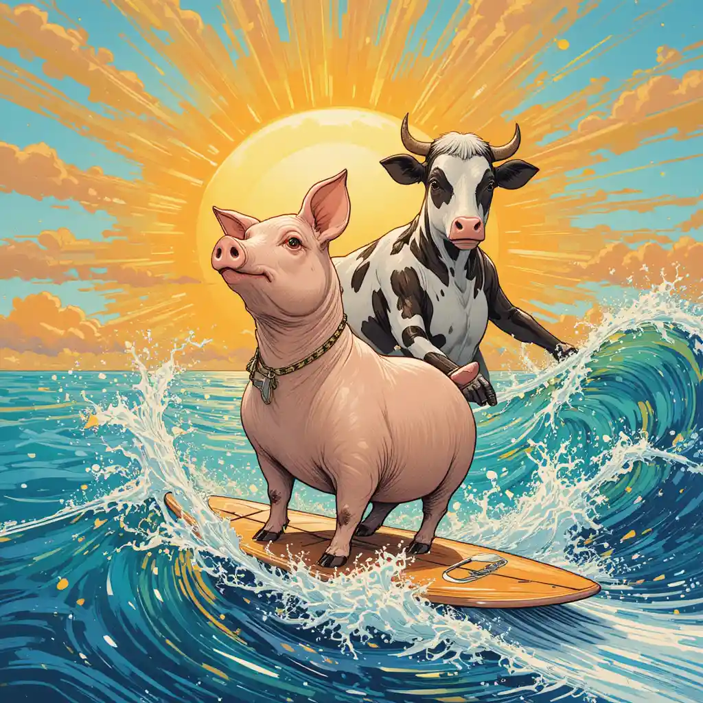 Schwein und Kuh surfen gemeinsam der leuchtenden Sonne entgegen