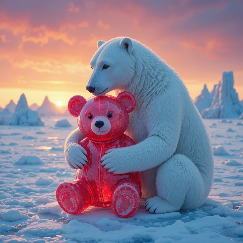 Ursa-polar mãe e filhote abraçando escultura de urso de pelúcia em gelo vermelho