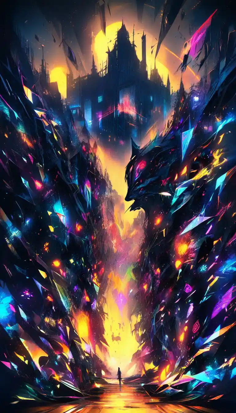 Lobo espectral neon emergindo de casa urbana escura