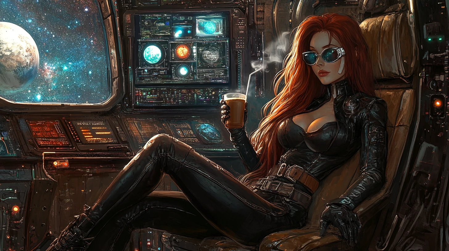 古い宇宙船のコックピットにいるレザースーツ姿の赤髪の女性