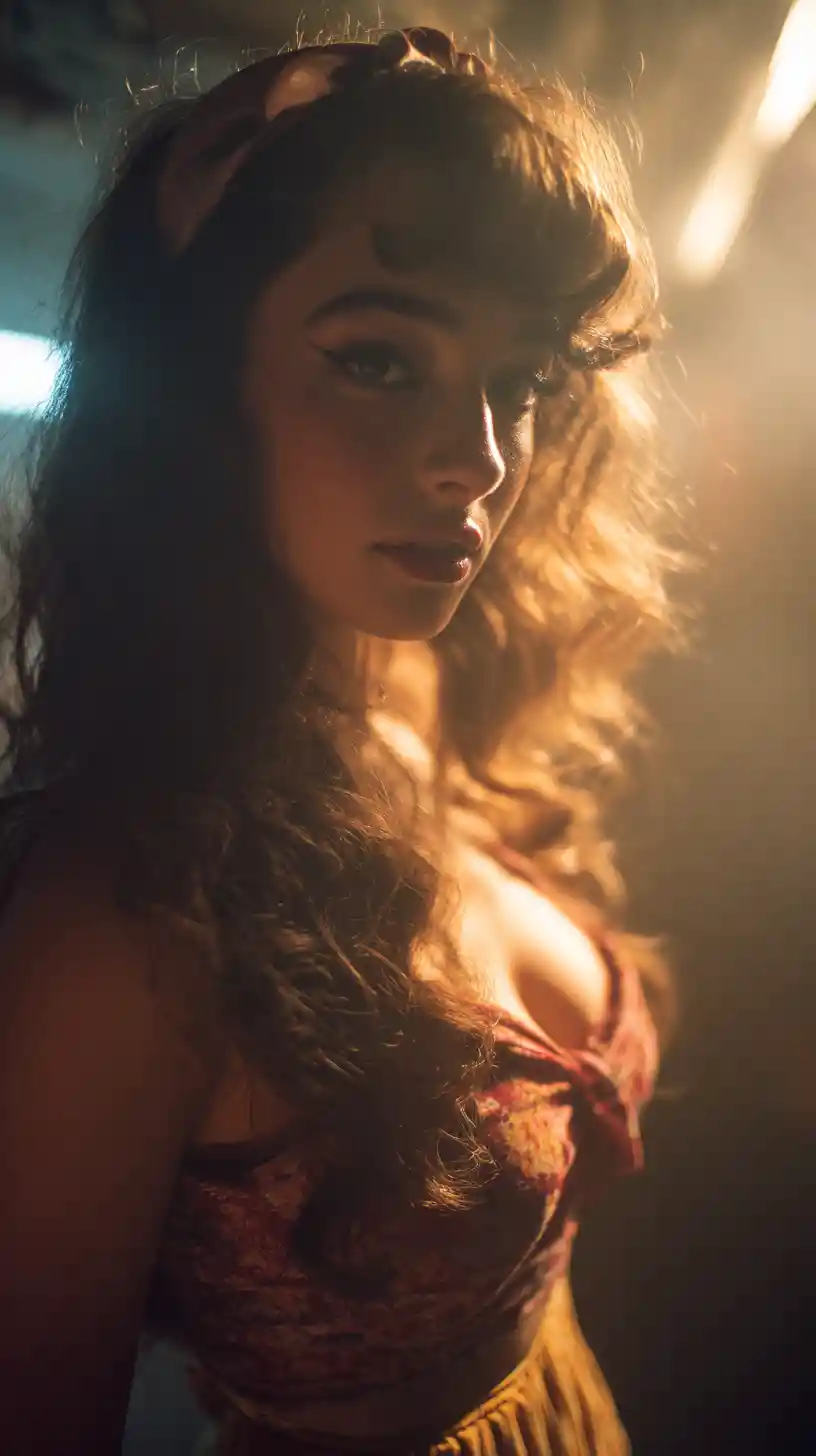Stylish woman with long wavy hair in urban city glam