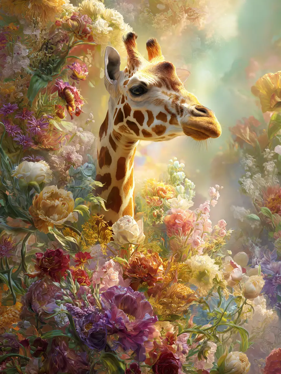 Giraffa surreale in un rigoglioso e colorato still life floreale
