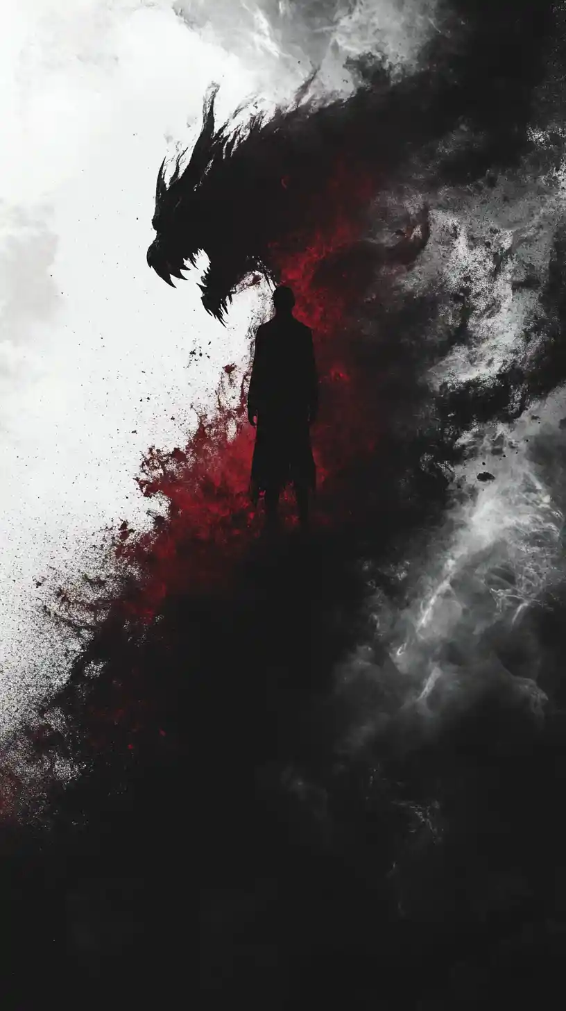 Dark scaled monster rising from smoke and wind