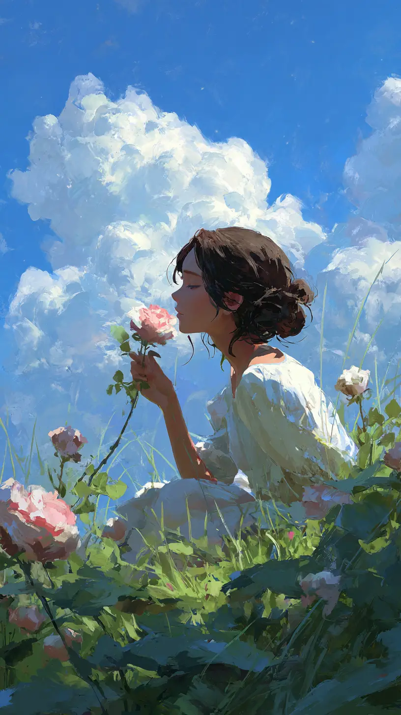 Sanfte Frau mit Rose in einer friedlichen grünen Wiese