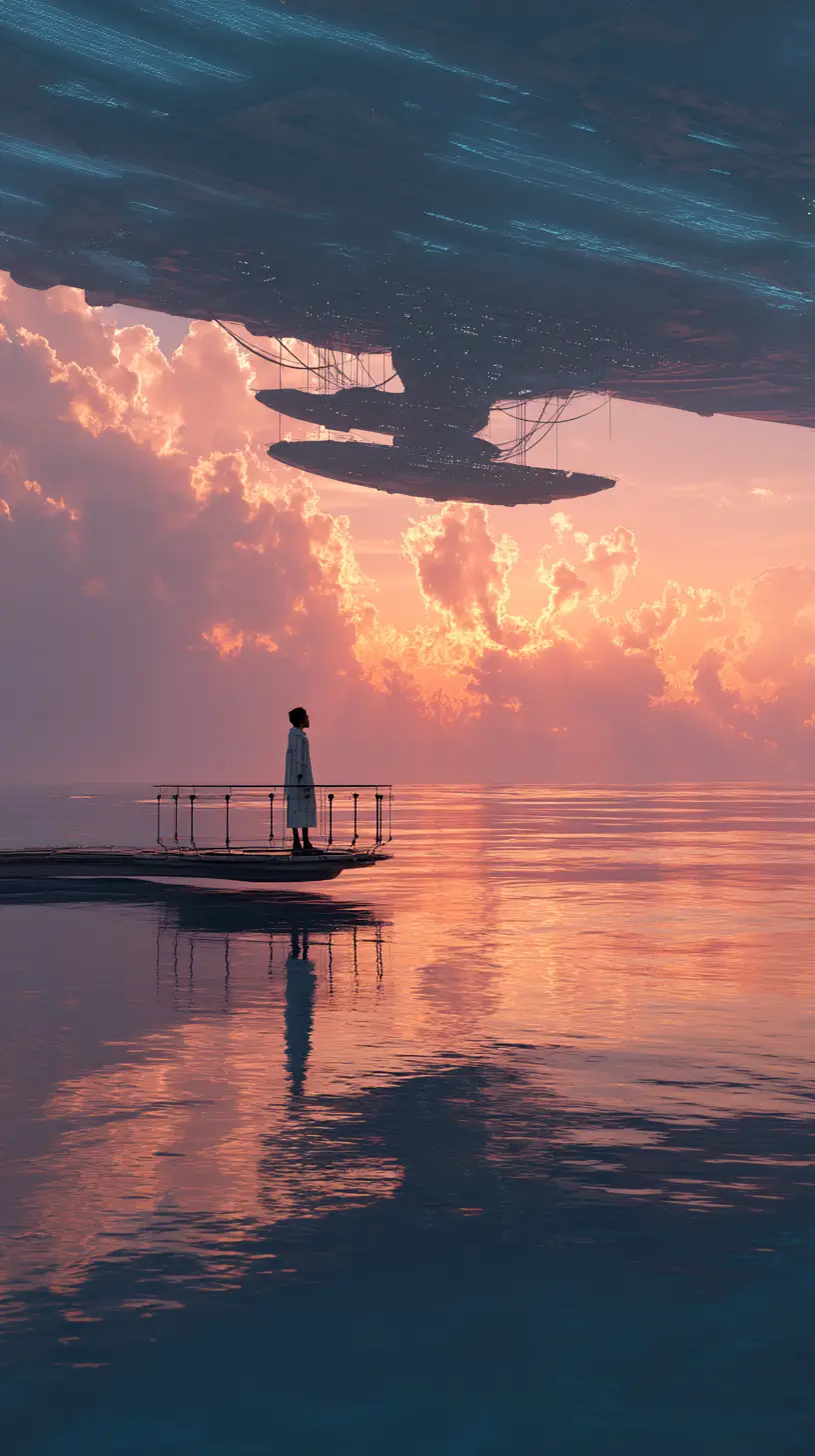 霓虹海洋與絢麗夕陽上的非洲未來主義人物