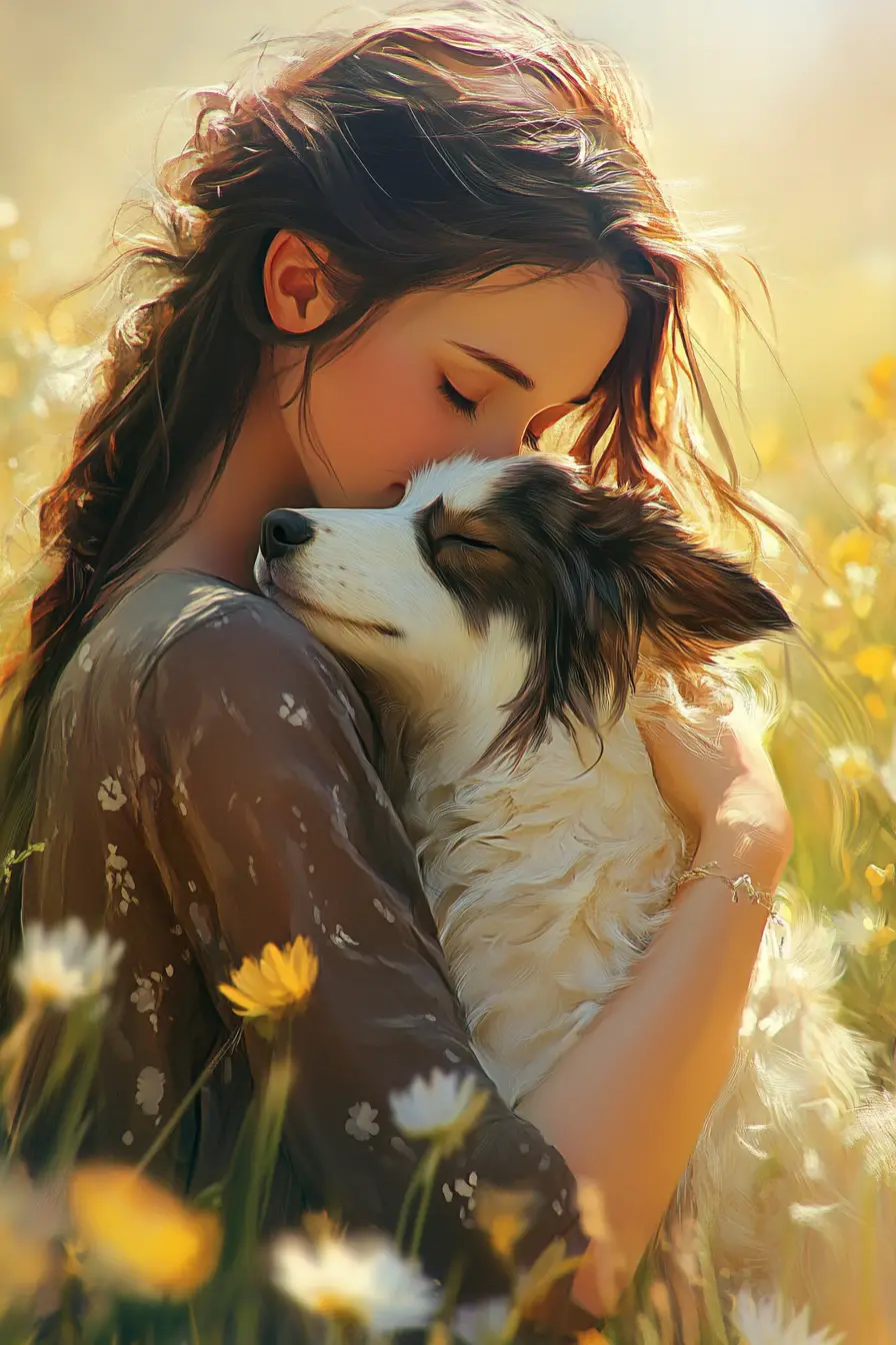 Aquarellhund und junge Frau auf einer sonnigen Wiese