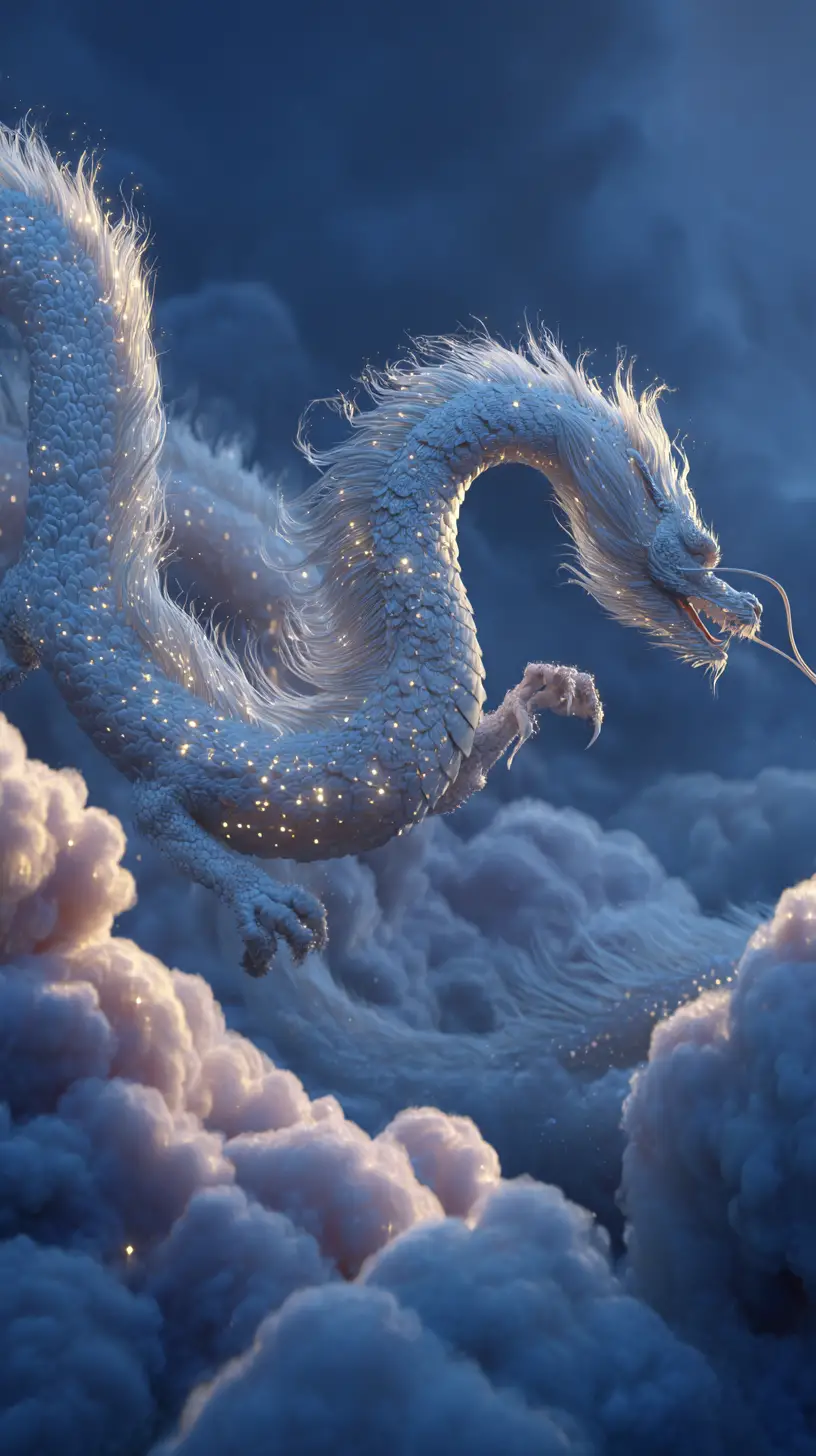 Majestischer weißer Drache fliegt durch einen traumhaften Sternenhimmel
