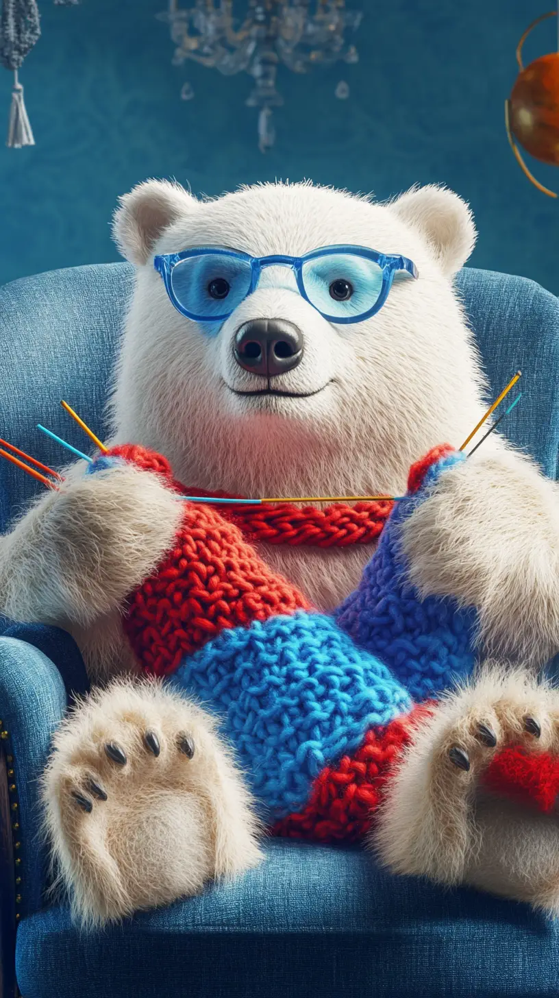 Orso polare cartoon che lavora a maglia calzini colorati in poltrona