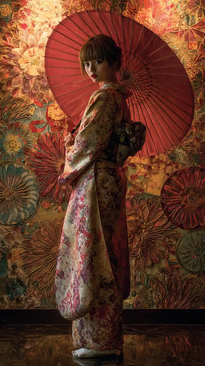 Ragazza carina in kimono con ombrello in ritratto a figura intera