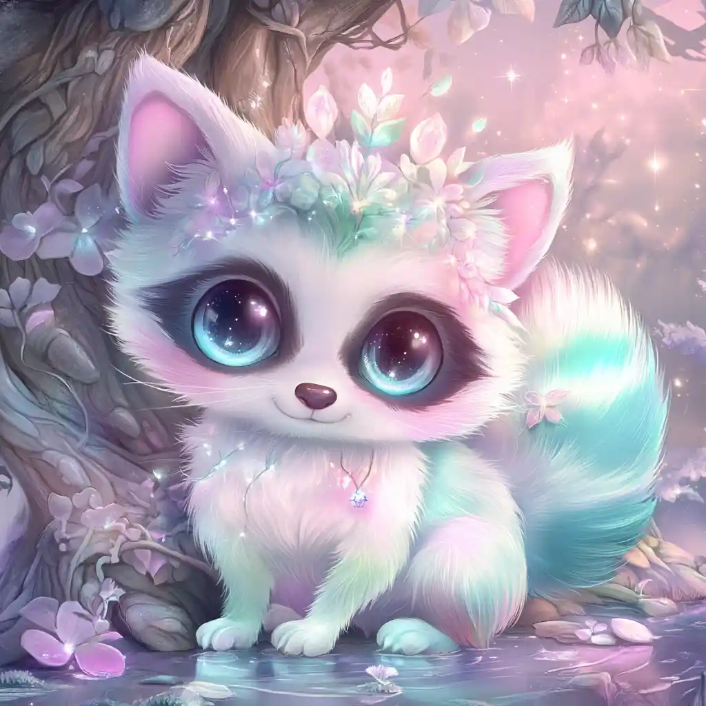 Niedlicher Chibi-Fantasy-Waschbär mit Krone im verzauberten Wald