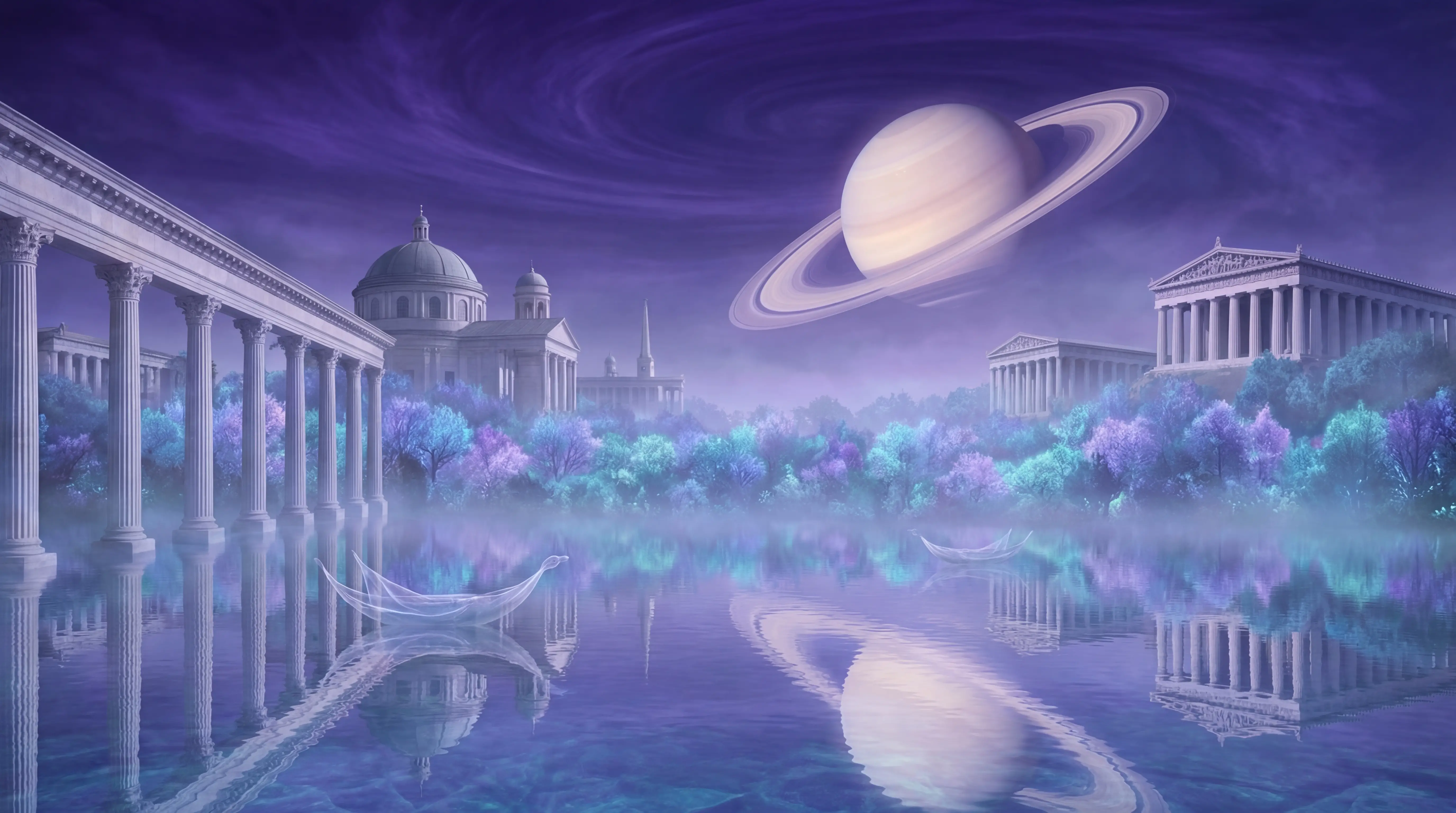 Alien city under purple night sky with crystal water