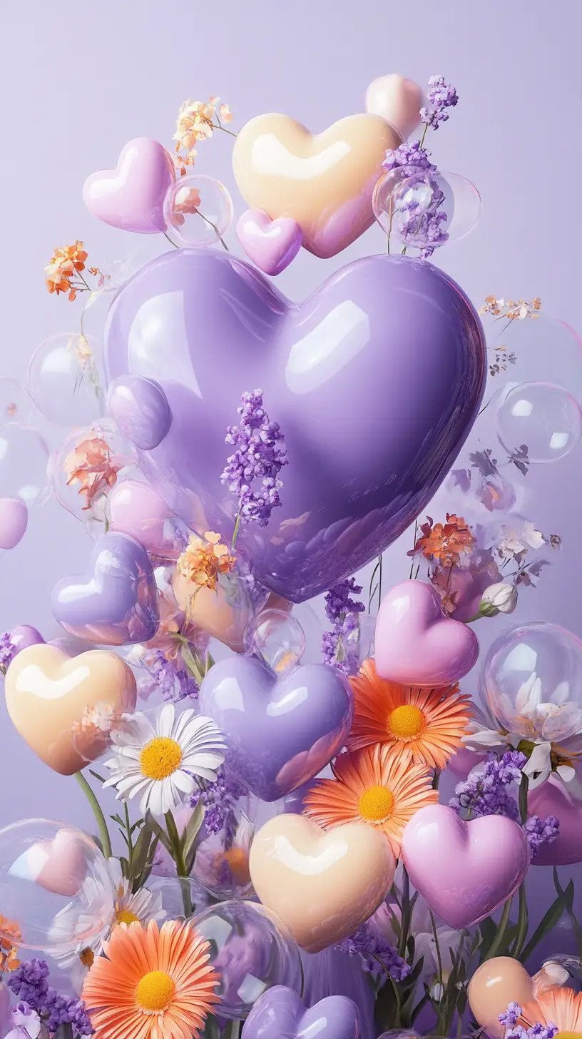 Bouquet de cœurs colorés sur fond violet doux