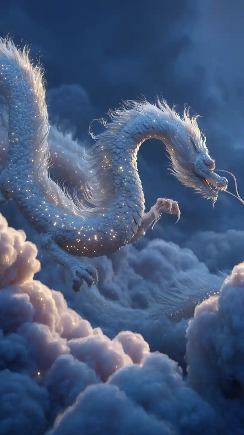 Majestic white dragon flying through a dreamy starry sky