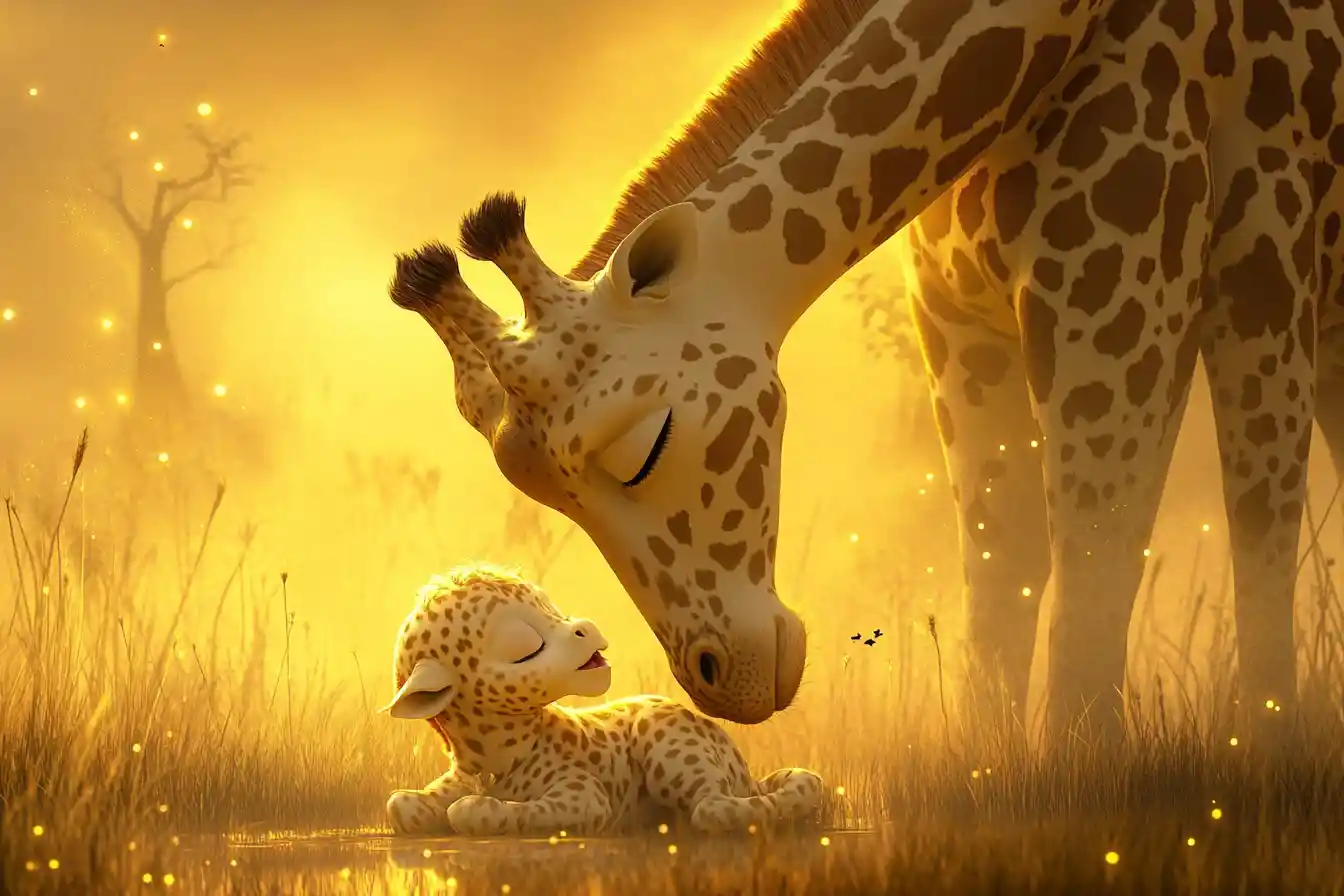 Newborn giraffe resting beside mother on misty savanna